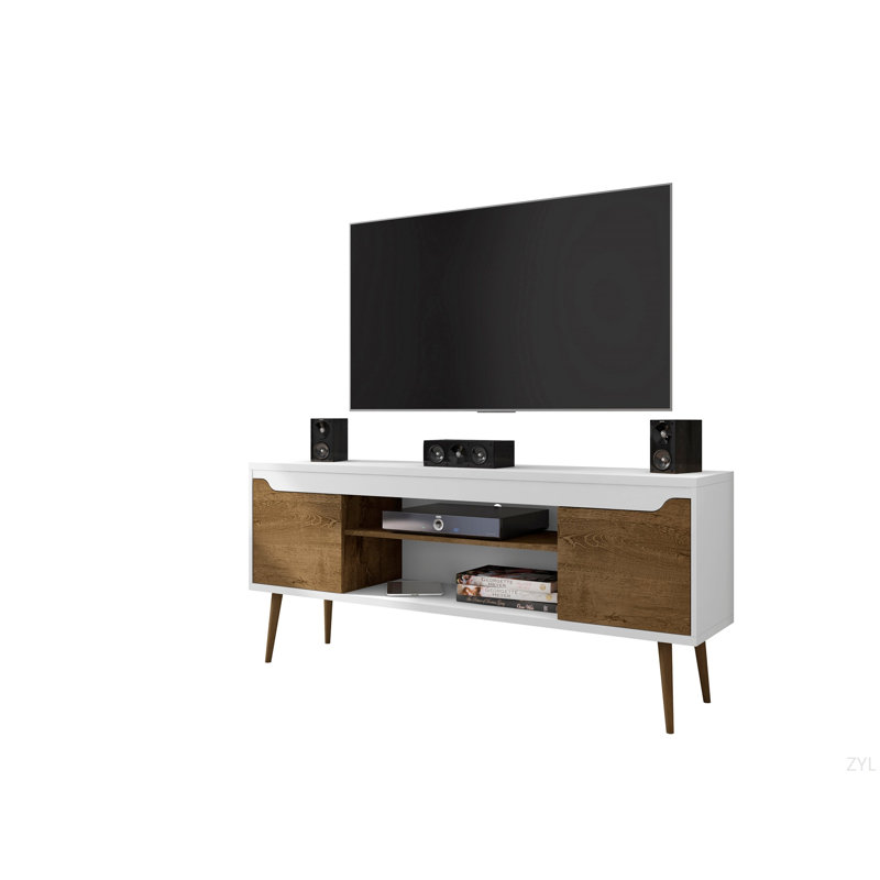 63" Elegant TV Stand With Retro Legs & Versatile Design, White/Brown