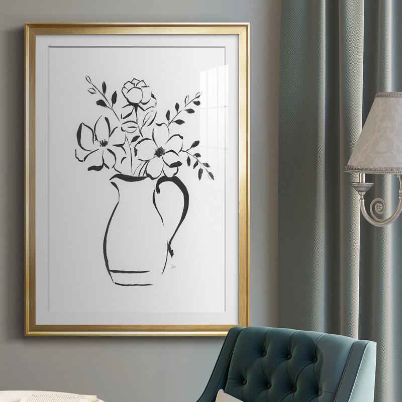 «Sketchy Bouquet II», reproduction encadrée de qualité supérieure - prête à être accrochée, Or, H 42,5 po x l 30,5 po