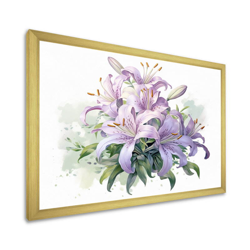 Symphonie de lys mauve et vert I - art mural floral, H 30 po x l 40 po x P 1,5 po, Cadre doré simple