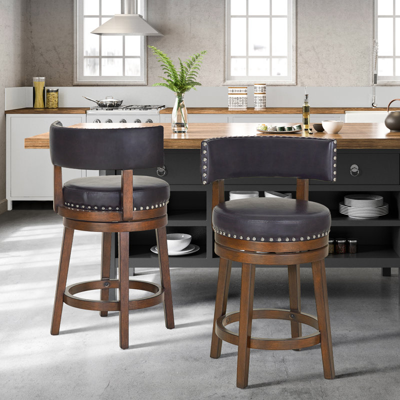 Tabouret de bar et de comptoir pivotant à 360 ° avec garniture cloutée, chaise de bar rembourrée en bois massif pour îlot de cuisine