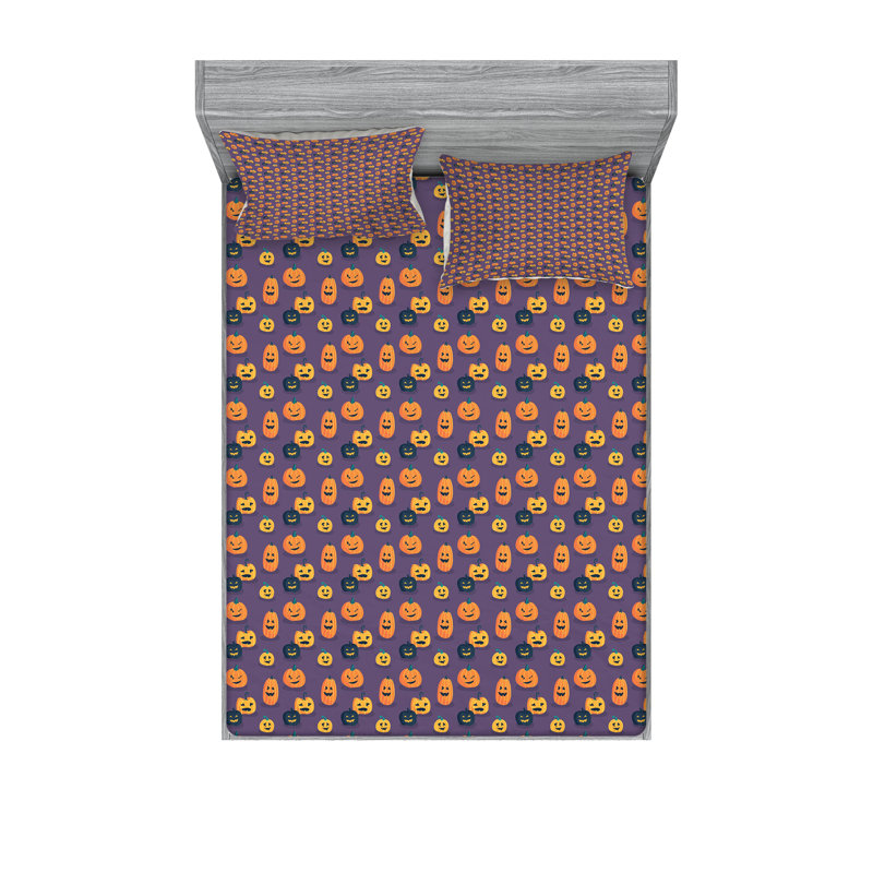 Drap-housse et coussin décoratif Ambesonne Halloween orange et violet, Ensemble de draps pour très grand lit californien