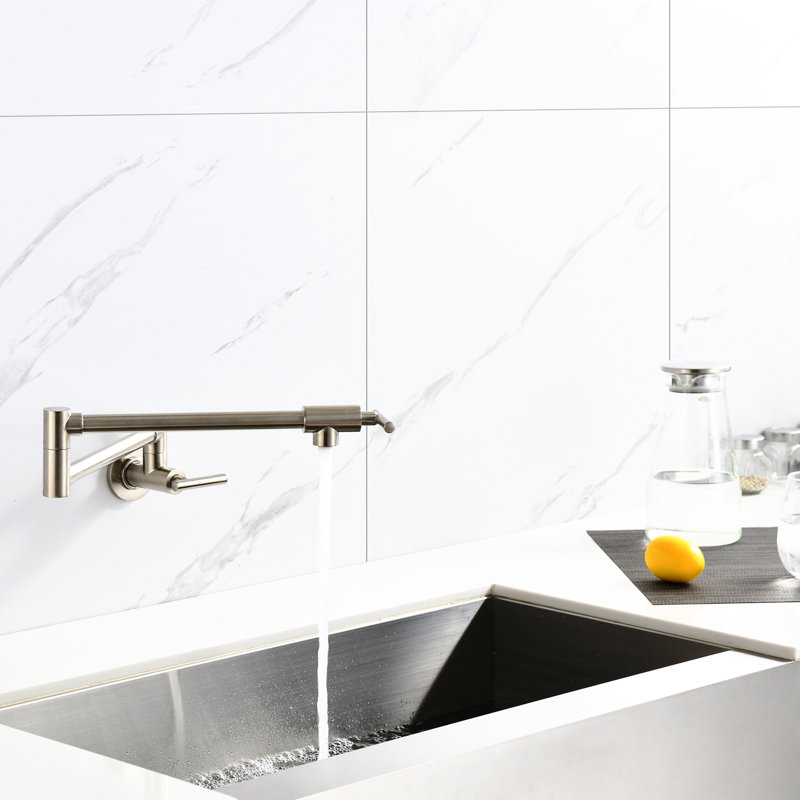 Brushed Nickel Pot Filler Faucet With Wall Mount And Folding Design - Arm For Effortless Filling, Double Handles To Control Water Flow, Surface Mounted Kitchen In Efficient Output, Special Corrosion