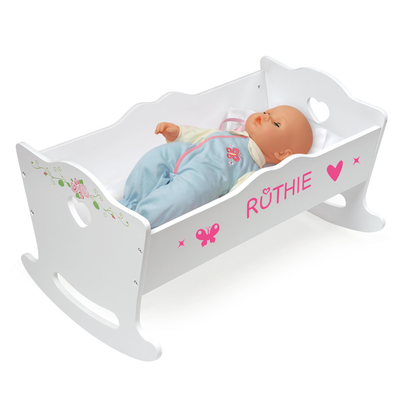 Doll Cradle with Bedding and Free Personalization Kit - White Rose