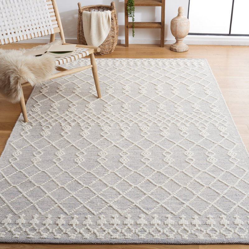 Tapis gris / ivoire tissé à la main en laine / coton jacques, Rectangle 3 pi x 5 pi