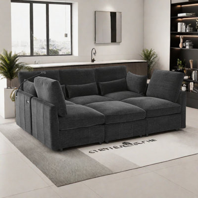 Modern Sectional Sofa With A Movable Ottoman, 2 Usb Ports And A Phone Holder