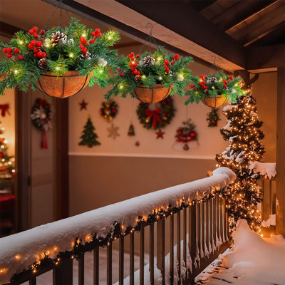 2 Set Artificial Ceder Christmas Hanging Baskets With Pinecones And Berry Clusters, 2 Hanging Planters For Outdoor Indoor Front Porch, Garden, Patio, Home Decor