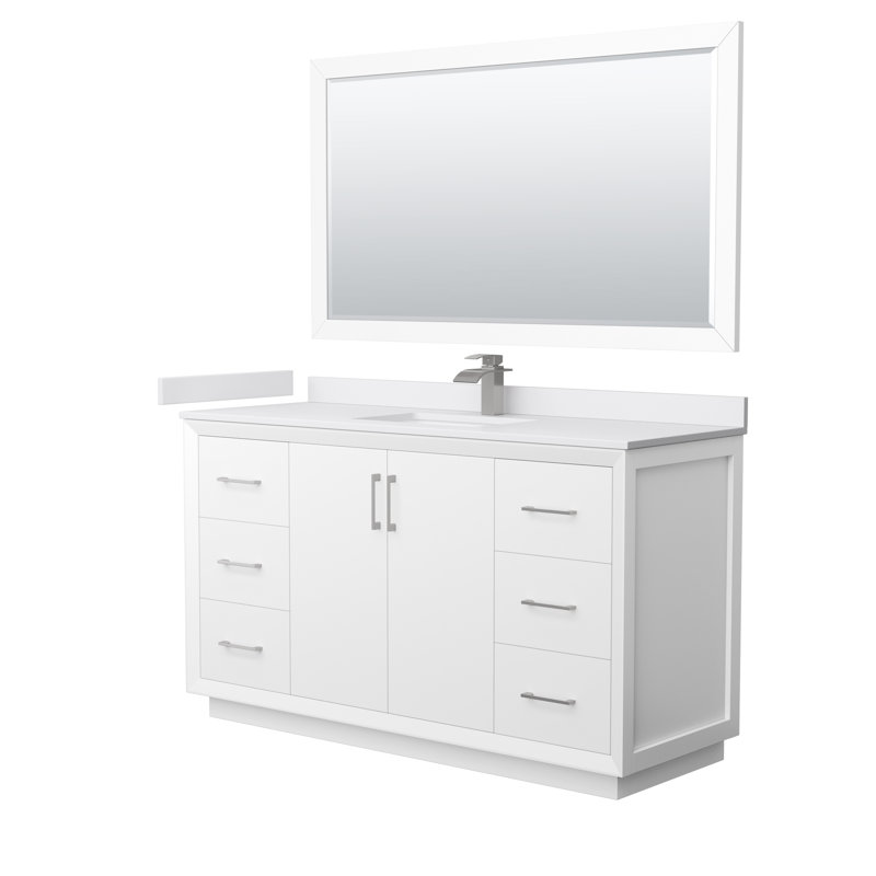 60'' Single Bathroom Vanity with Cultured Marble Top, Brushed Nickel, White, Carrara Cultured Marble