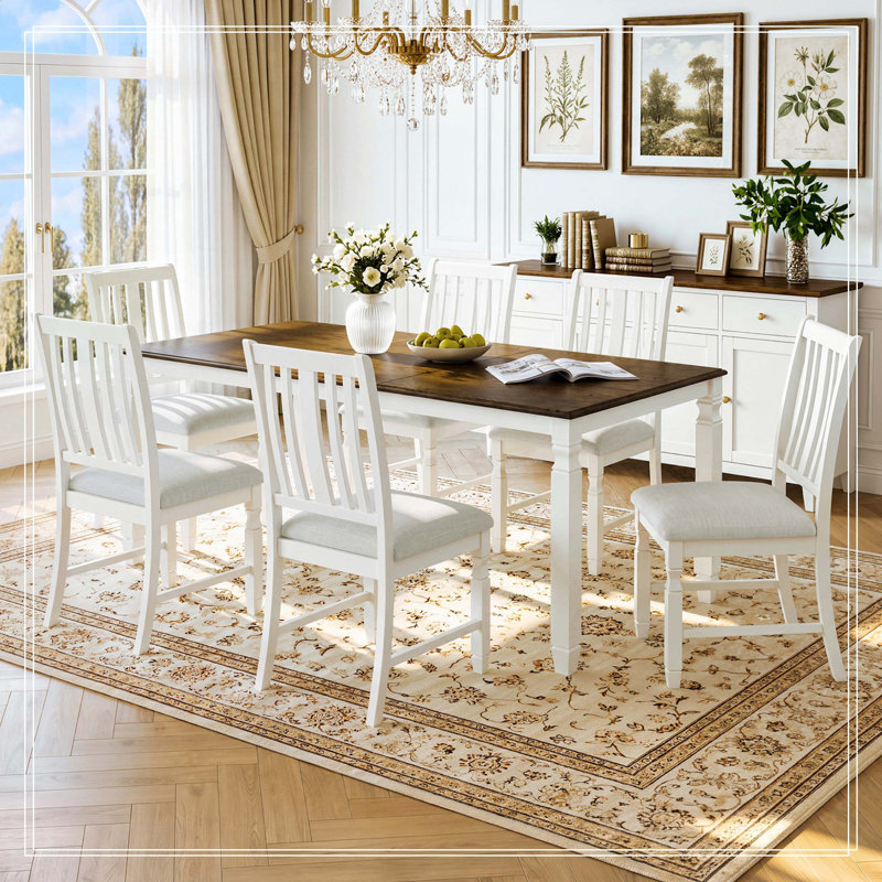 Ensemble de table de salle à manger extensible 7 pièces pour 6 personnes, table en placage de chêne de style campagnard et 6 chaises à dossier en lattes rembourrées, ensemble de salle à manger à structure compacte en bois d'hévéa massif, brun et beige, coussin beige