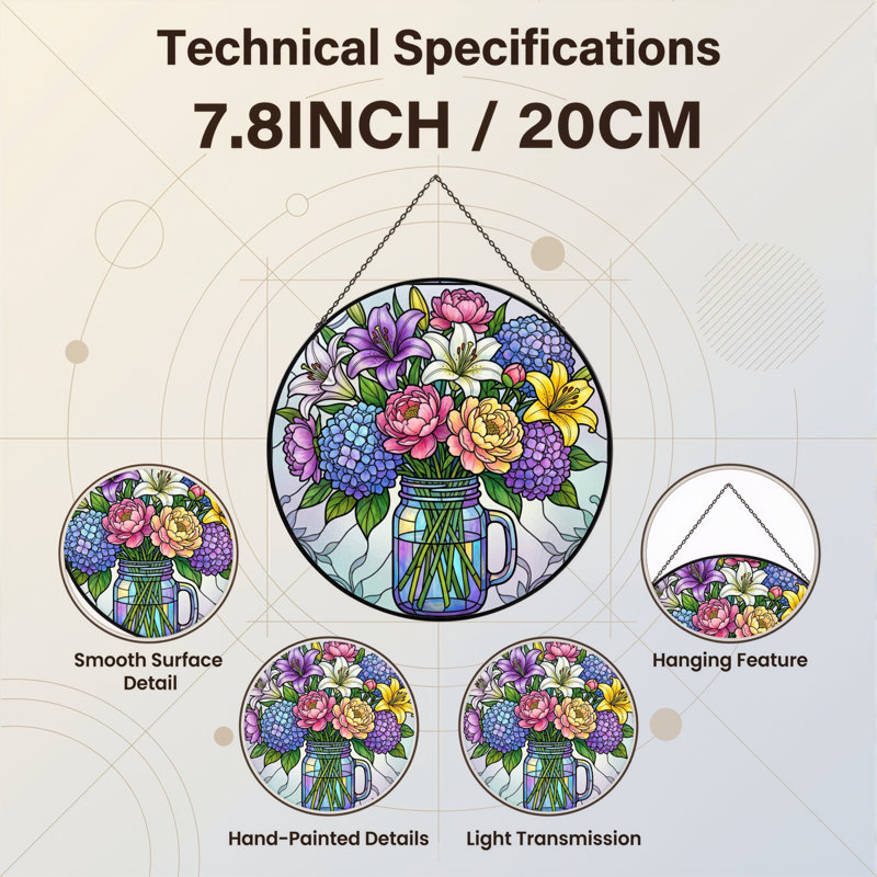 Vitrail d'arrangement floral H 7,8 po, H 7,8 po x l 7,8 po