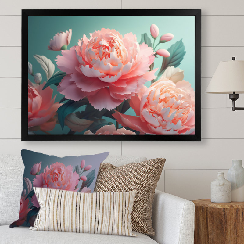 Pivoine rose verte en mouvement I sur toile, Cadre photo noir, H 12 po x l 20 po x P 1 po