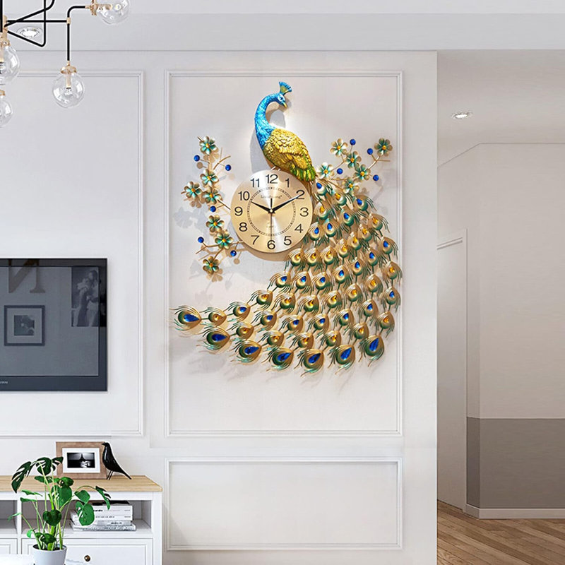 Horloge murale paon - 29,5 po, grand décor avec diamants en cristal, conception 3D, mouvement silencieux