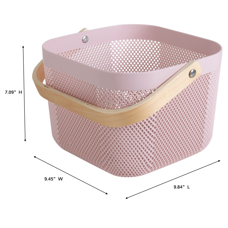  Petit panier de rangement en plastique avec poignée en bois couleur rosée, Pink