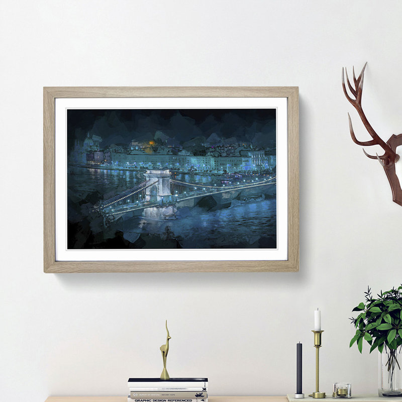 Chain Bridge in Budapest in Abstract - Picture Frame Painting Print, Oak Framed, 48cm H x 65cm W x 2cm D