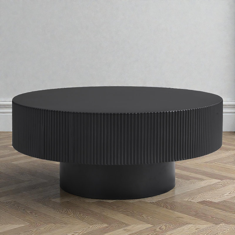 Table basse ronde, conception de tambour cannelé, élégant et chic moderne, déclaration de salon, Noir