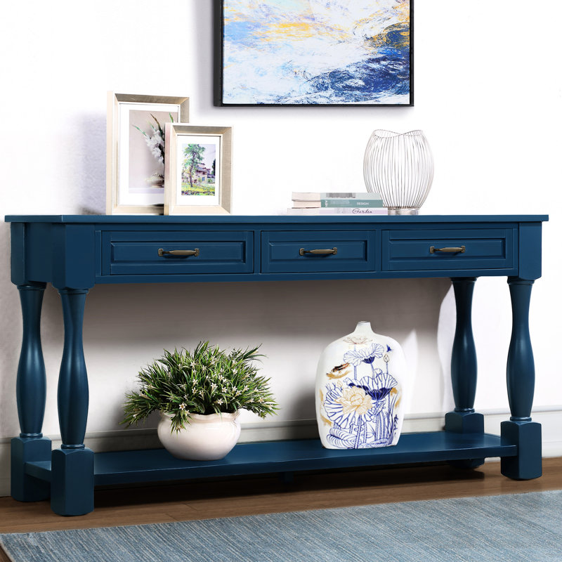 Console de 63 po avec tiroirs de rangement. Bleu marine, structure en bois massif, structure stable, tablette inférieure et tiroir faciles à assembler. Stable, à installer
