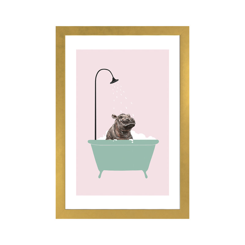 Hippopotame dans une baignoire, art encadré, H 24 po x l 16 po x P 1 po, Papier encadré doré