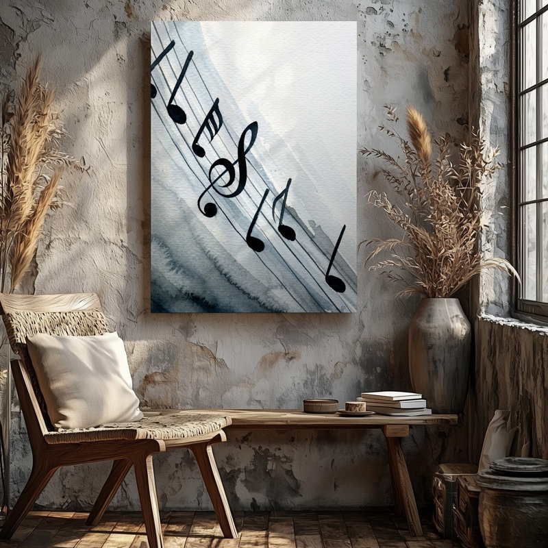 Toile, "Sereine and Artistic Composition", mettant en vedette des notes de musique qui coulent gracieusement sur une toile