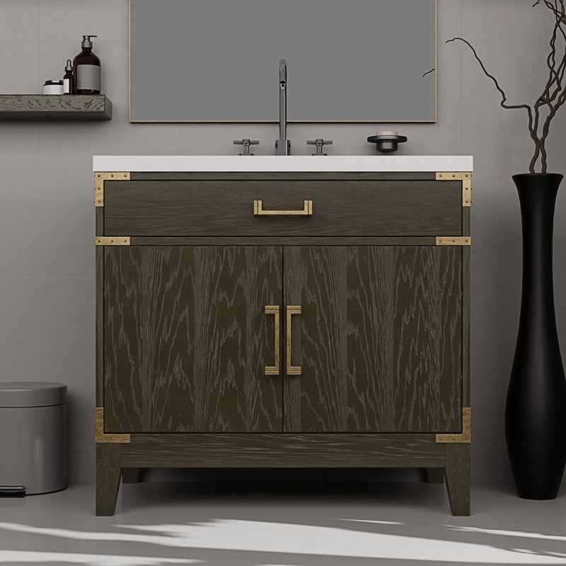 36 po X P 22 po Ensemble de meuble-lavabo simple D avec comptoir en quartz blanc et robinet, Gris, 36"