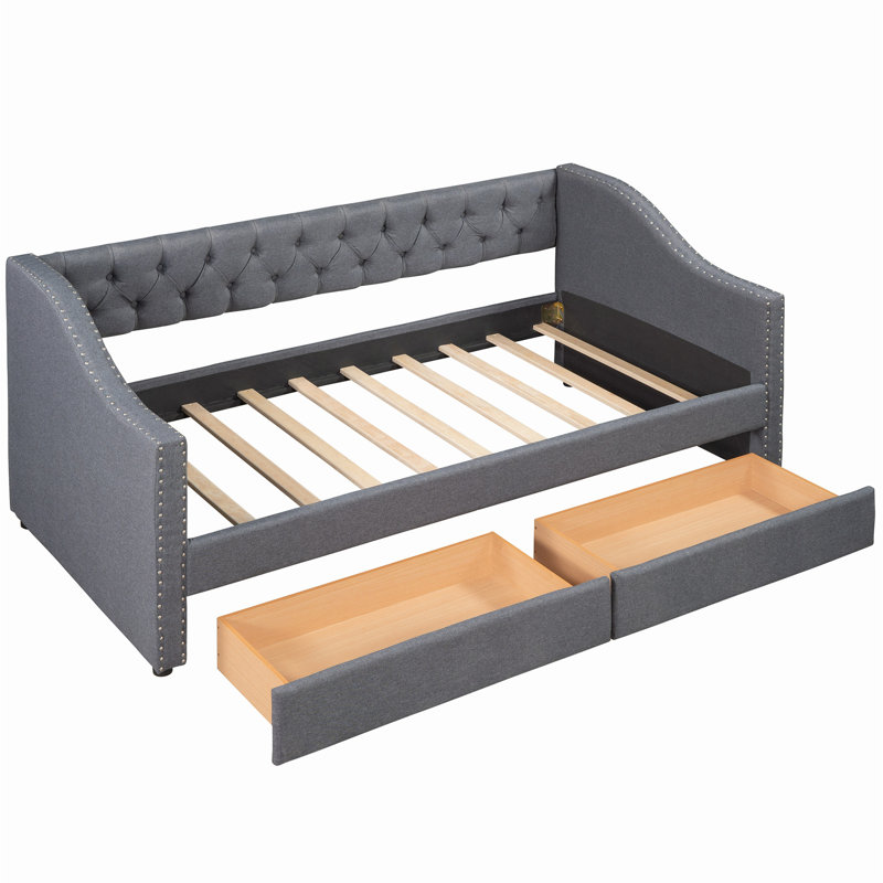 Stylish Upholstered Daybed with Two Convenient Drawers and Reliable Wood Slat Support System
