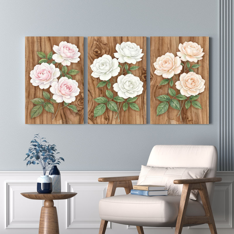 Ensemble de 3 tableaux muraux sur toile texturée « Roses sur bois »., H 18 po x l 36 po