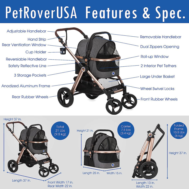 Gray Aluminum 3-in-1 Pet Stroller with Detachable Carrier