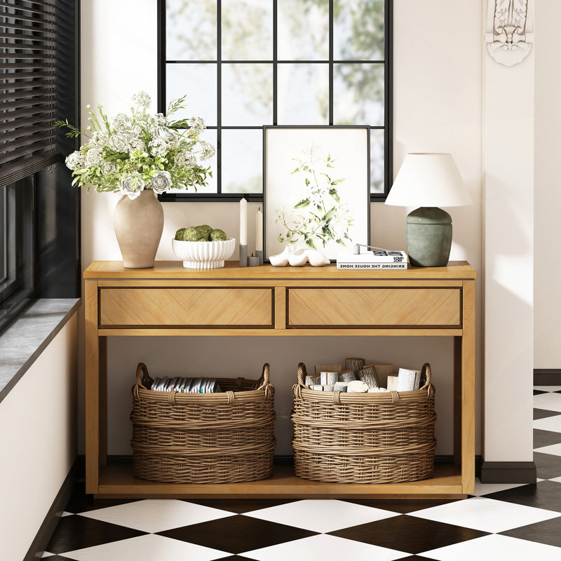 55" Console Table, Rustic Wooden Entryway Table With Storage Drawers And Open Shelf, Elegant Sofa Table For Hallway And Living Room