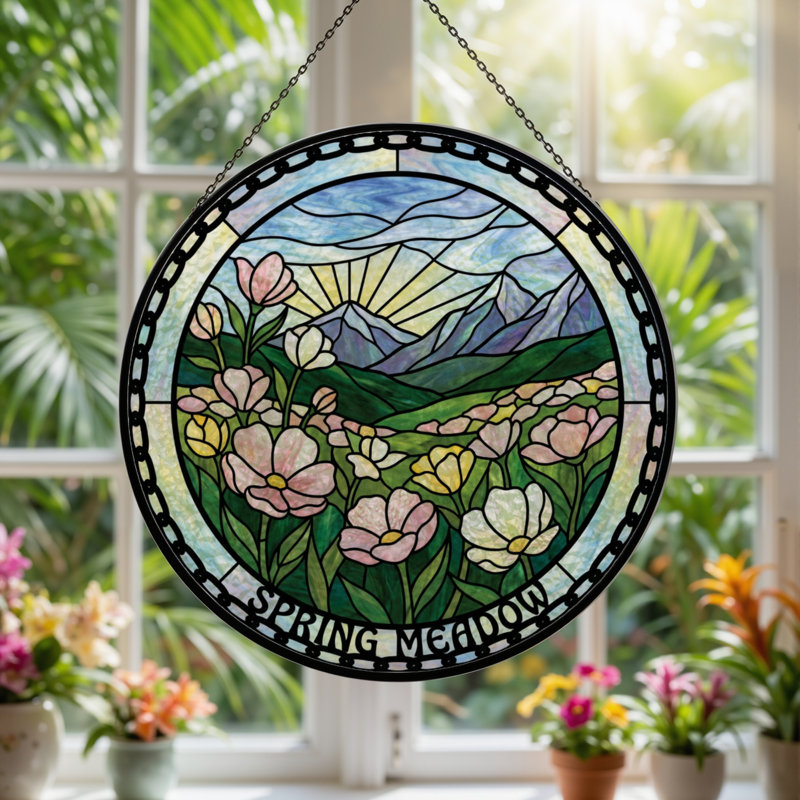 12"H Spring Meadow Stained Glass Window Panel, 12" H x 12" W