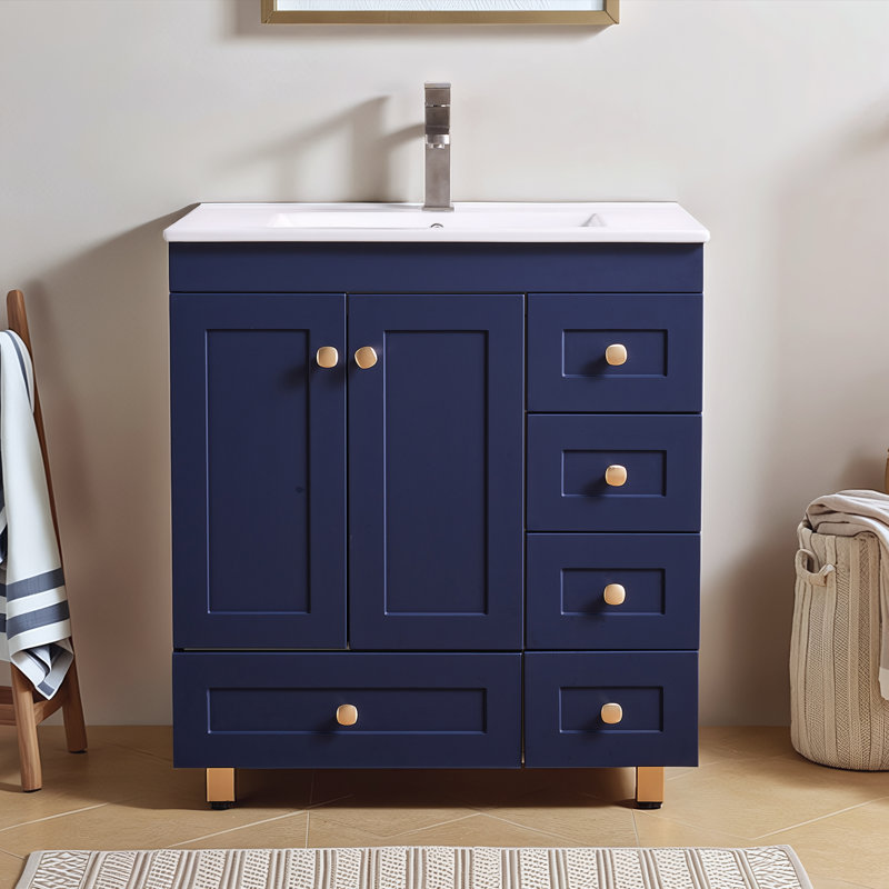 30'' Blue Modern Free-Standing Single Bathroom Vanity Set, Blue/Gold