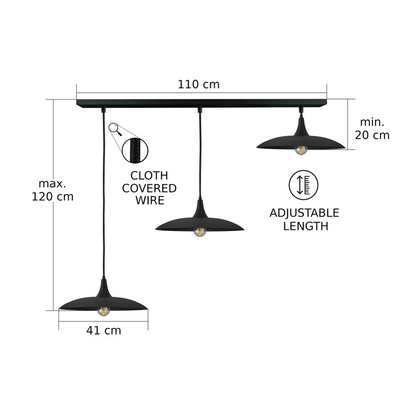 - Light Matte Black Dome Pendant, 3 Lights, Black, 120cm H x 130cm W x 41cm D