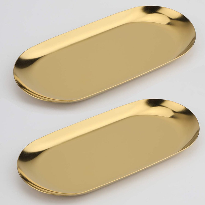 Plateaux décoratifs dorés en acier inoxydable, organisateur de coiffeuse ovale pour bijoux, cosmétiques et accessoires de salle de bain