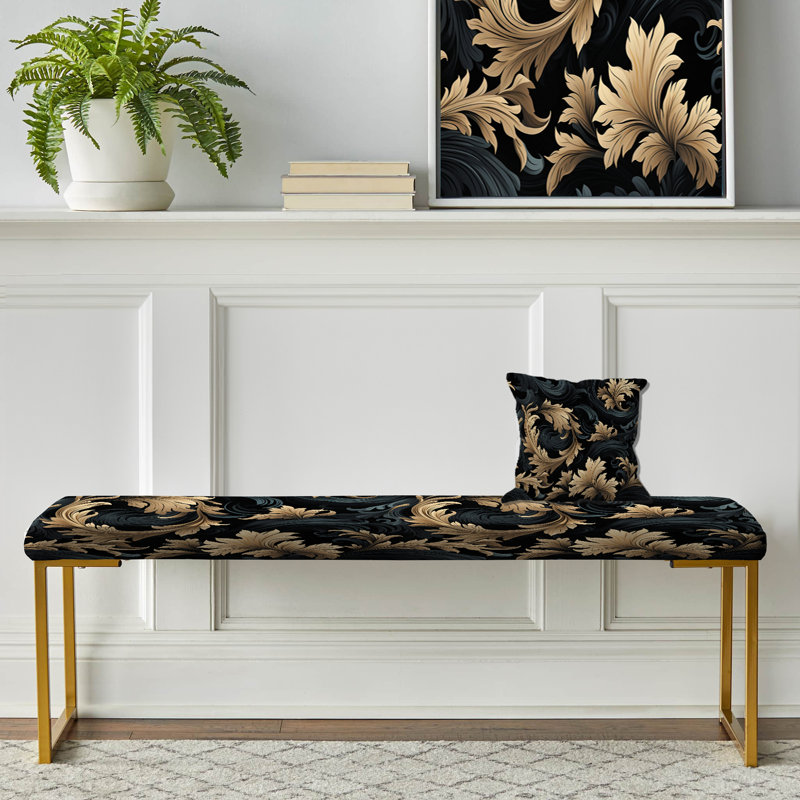 Black And Gold Damask Flower Blossoms III - Damask Upholstered Gold Bench