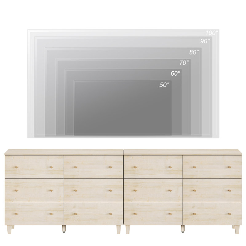 2-In-1 TV Dresser With 12 Drawers For 100+ Inches Tvs, Entertainment Center For Living Room Bedroom, Light Oak