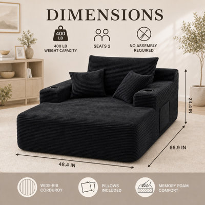 Fauteuil lounge extra-large en velours côtelé de 170 cm de long, fauteuil d'appoint moderne et profond avec 3 coussins, 2 porte-gobelets et une poche de rangement latérale, aucun assemblage requis, noir