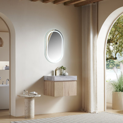 Meuble-lavabo de salle de bain 24 po Muri, meuble de rangement flottant en contreplaqué avec 2 portes, plateau en pierre frittée gris clair et lavabo en céramique avec 1 trou de robinet pré-percé, pré-assemblé, couleur grain de bois de chêne blanc