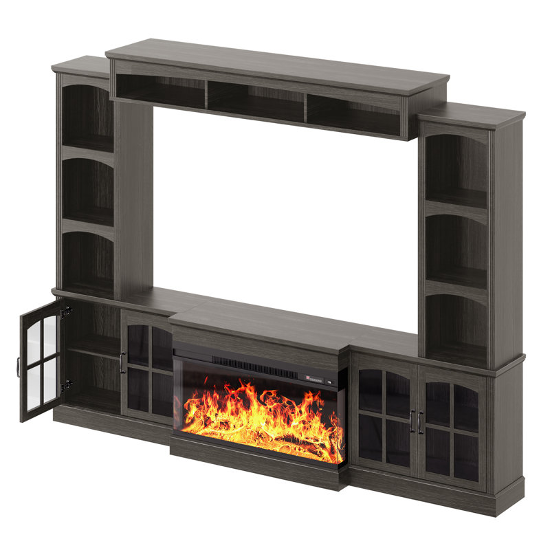 Meuble télé de 98 pouces avec foyer électrique et vitrine, étagères réglables et passe-câbles, style campagnard, centre multimédia avec foyer électrique à 3 côtés, compatible avec les téléviseurs jusqu'à 75 pouces, gris