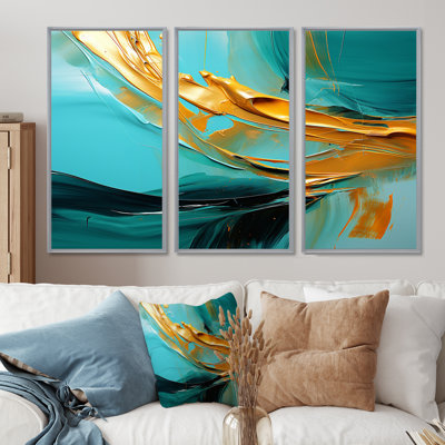 Ensemble de salon Quiet Waves Gold On Turquoise - Abstract Modern Waves