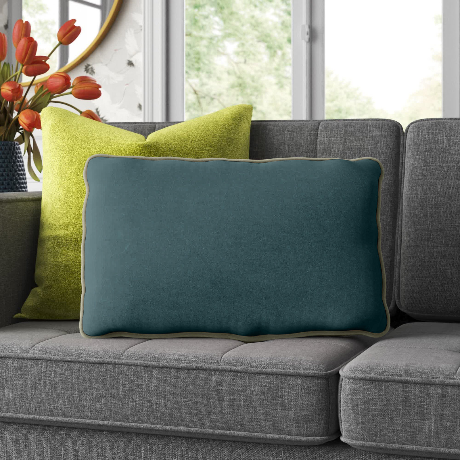Amory Cotton Lumbar Throw Pillow, Polyester, Green