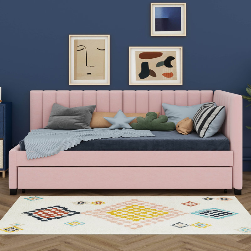 Twin Size Upholstered Daybed With Trundle, Linen Fabric Sofa Bed Frame, No Box Spring Needed, Pink