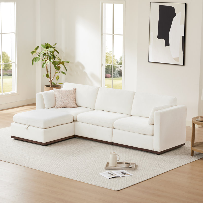 Sayette 4-Piece 112'' Upholstered Modular Sectional with Ottoman, Cream White Polyester