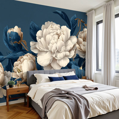 Papier peint floral à peler et coller, art botanique rétro or blanc, pivoines, or, feuillage bleu, peintures murales, H 100 po x l 144 po, papier peint amovible en PVC, peintures murales auto-adhésives, décoration pour chambre de garçon