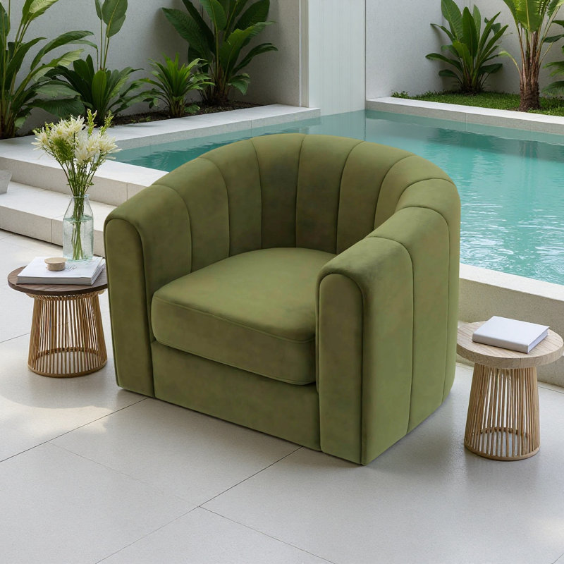 Fauteuil demi-tonneau pivotant à 360 degrés, chaise d'appoint capitonnée vert olive avec base en métal doré