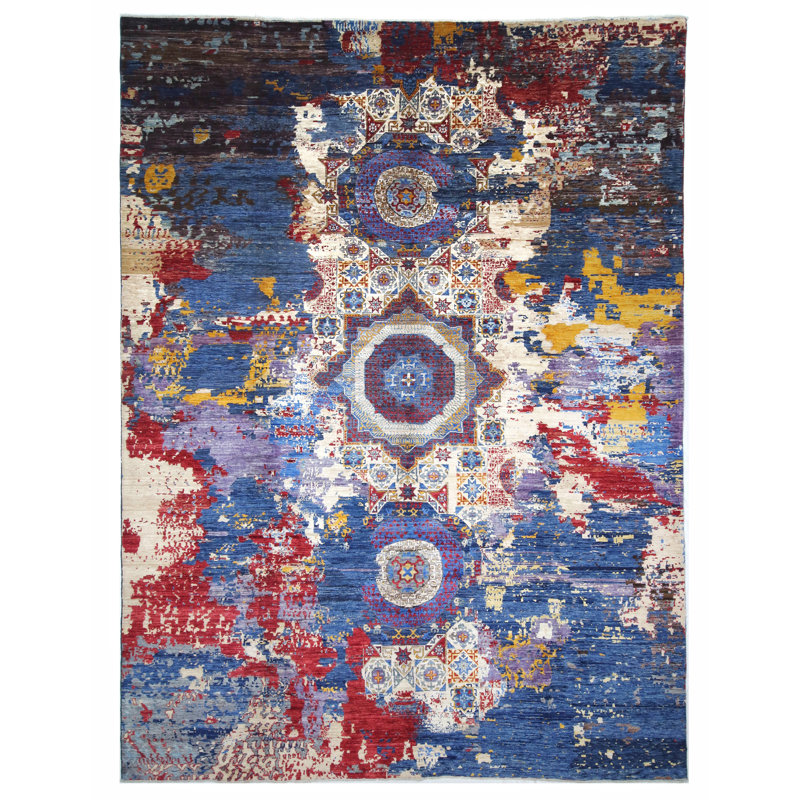 Tapis bleu marine et rouge de haute qualité noué à la main