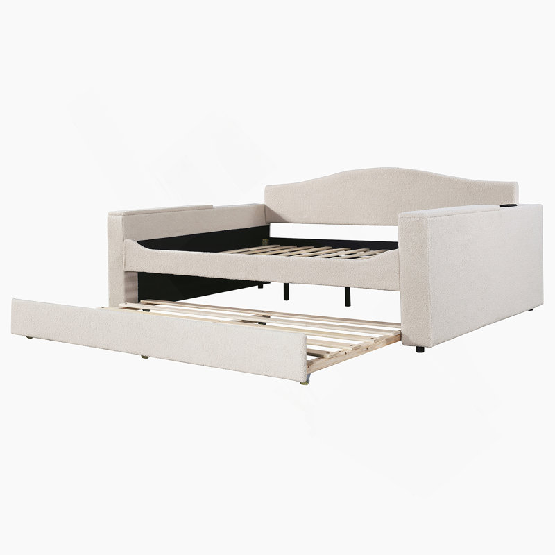 Lit de jour rembourré avec accoudoirs de rangement, lit gigogne et dernier système audio Bluetooth intégré, Beige, Double