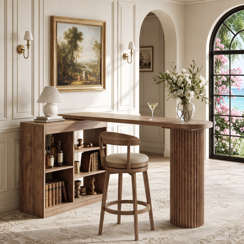 L-Shaped Bar Table with 360° Rotatable Storage Shelves