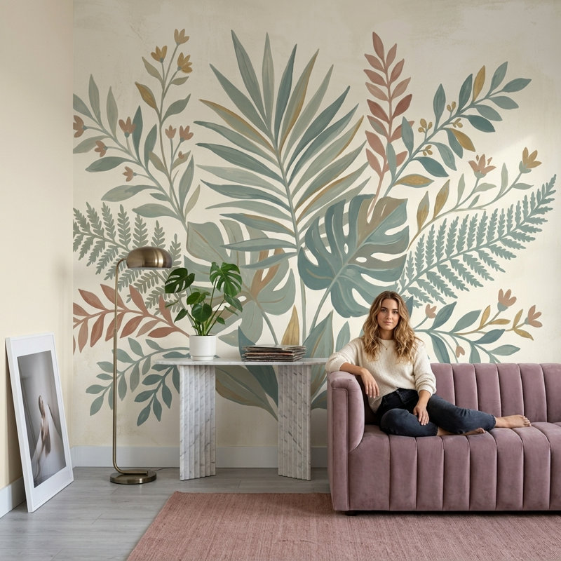 Murale de feuilles tropicales, Texturé non collé, 140 po x 108 po
