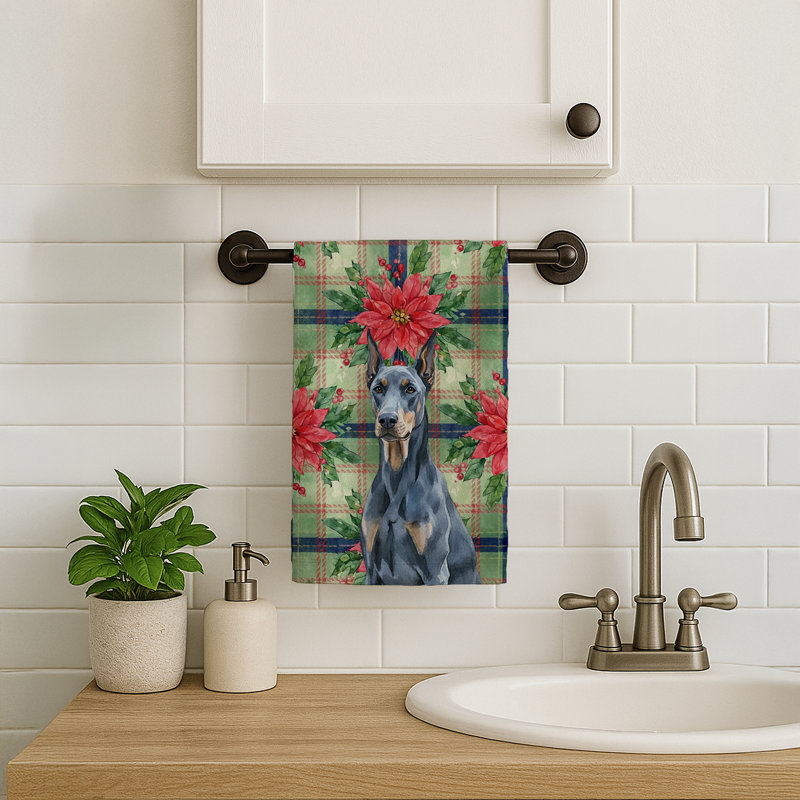 Blue Doberman Pinscher Christmas PoinsettIas Kitchen Towel, Blue Doberman Pinscher