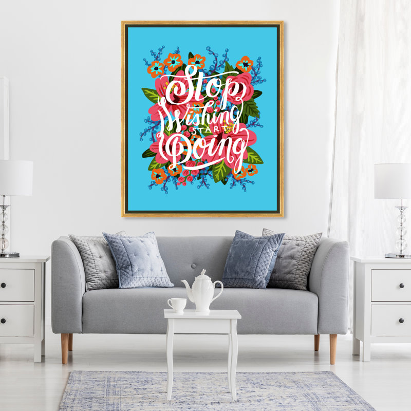 «Start Doing Blue» - Art textuel sur toile, Cadre doré, H 20 po x l 30 po