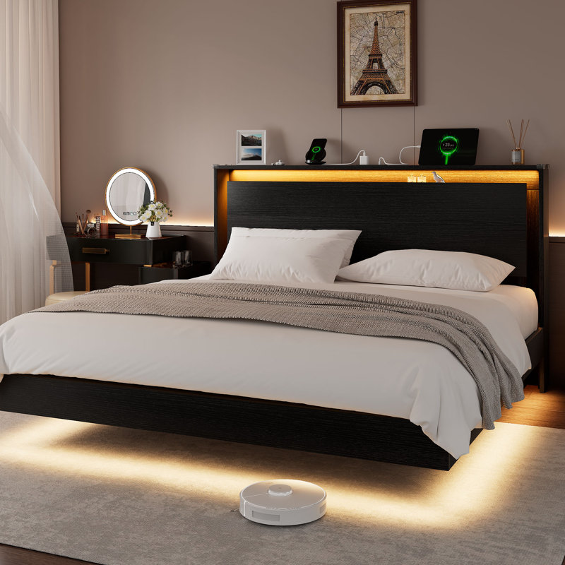  King Size Floating Bed Frame With Storage Headboard & Charging Station, Wood Platform Bed Frame With Led Lights, Noise Free ,no Box Spring Needed，easy To Assemble - Black