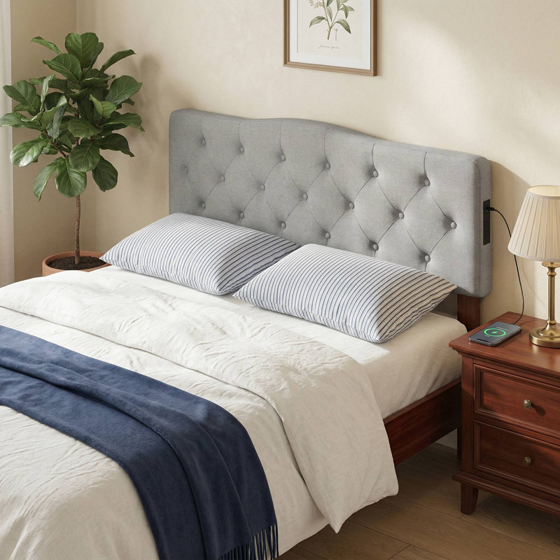 Queen/Full Size Universal Tufted Upholstered Headboard, Built-In 2 AC Outlets & Adjustable Mounting Height, Stain-Resistant Soft Fabric