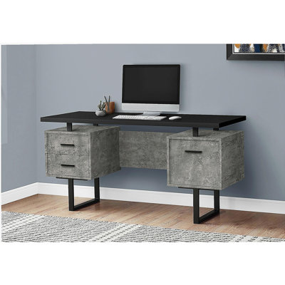 Bureau d'ordinateur, bureau à domicile, ordinateur portable, installation à gauche, à droite, tiroirs de rangement, 60 po, travail, stratifié de béton noir et gris, métal noir, contemporain, moderne